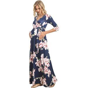 Hello Miz Floral Wrap Maxi Dress V-Neck 3/4 Sleeve Navy/Pink L Maternity dress